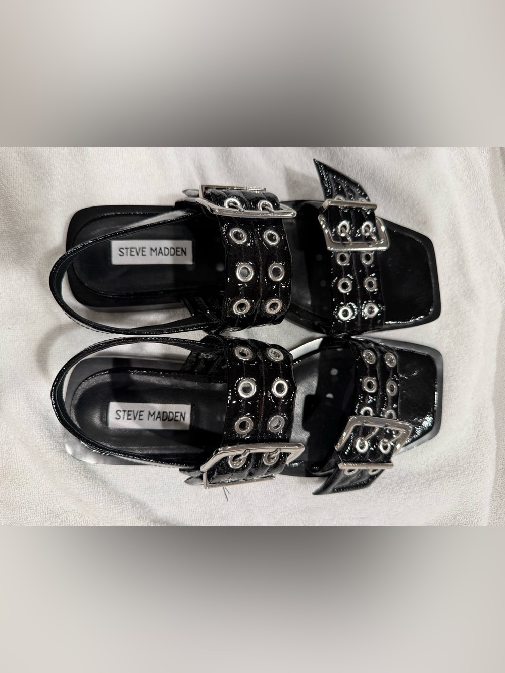 Steve Madden Black Patent Grommet Buckle Sandals